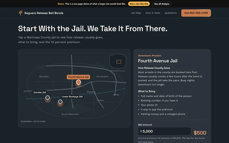 Home page of the Map First bail bonds demo