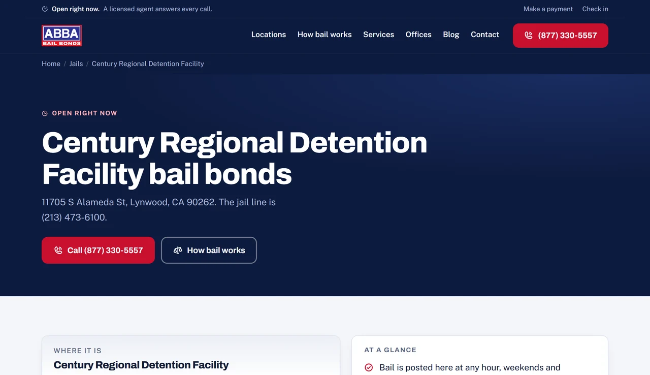 A jail page from our Abba Bail Bonds rebuild, with the facility, how release works there and a call button